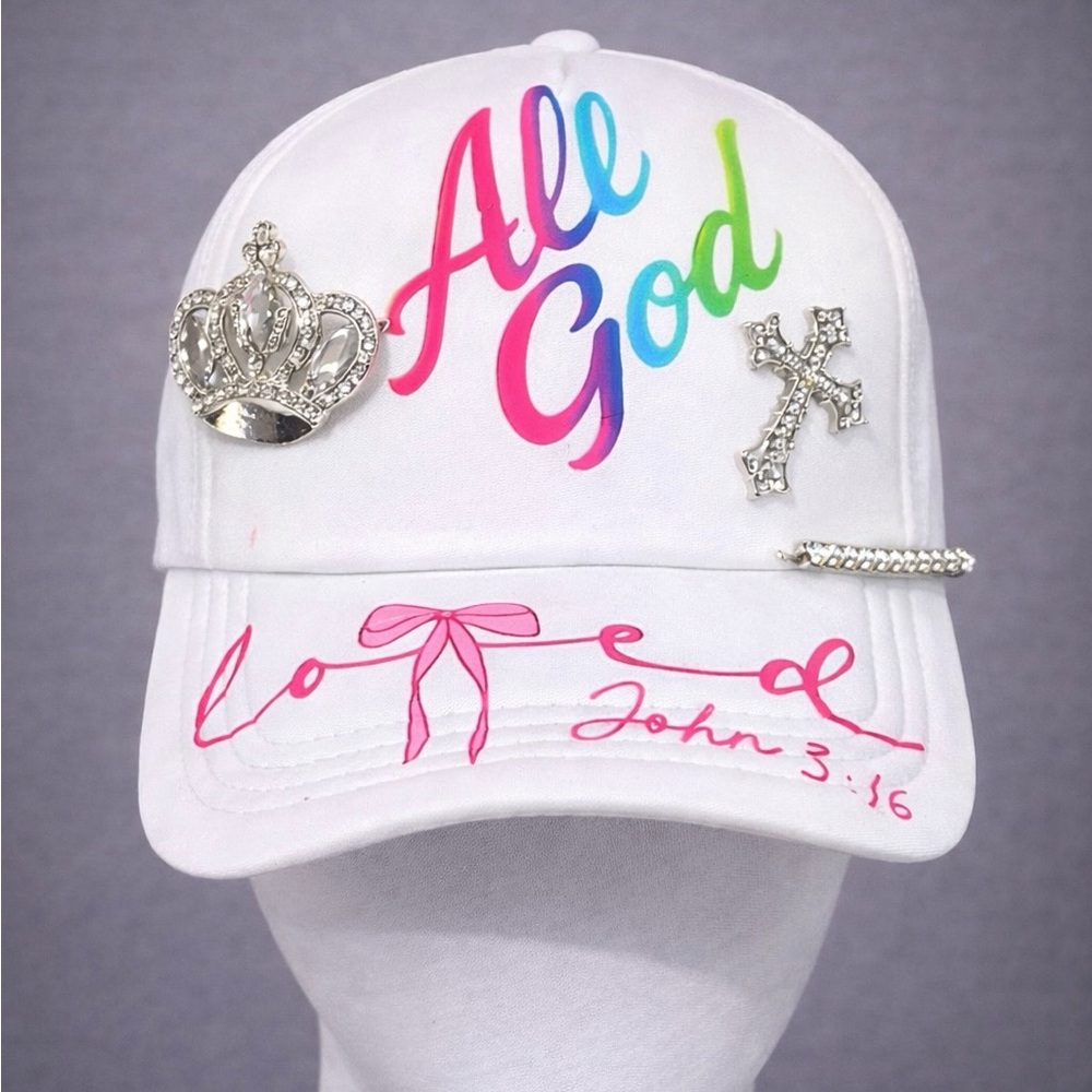 All God White Trucker Cap with Scripture and Decorative Pins